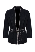 Trendyol Black Embroidered Belted Oversize Denim Jacket