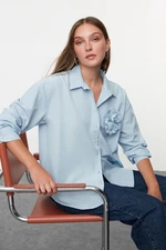 Trendyol Light Blue Oversize Wide Fit Shirt with Rose Detail on the Front