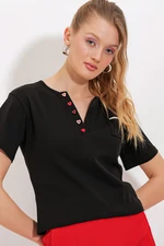 Bigdart Women's Black Button Detailed Short Sleeve T-Shirt 903