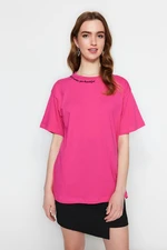 Trendyol Fuchsia 100% Cotton Embroidered Boyfriend Crew Neck Knitted T-Shirt