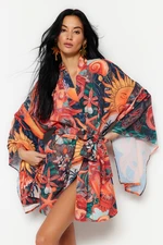 Trendyol tropické vzorované mini tkané kimono a kaftan s opaskom