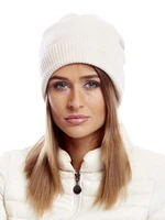 Beige cap with wide ribbing and fur pompom