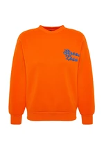 Trendyol Orange Thick Fleece Inside Slogan Embroidery Regular/Regular Knitted Sweatshirt