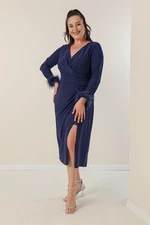 By Saygı Plus Size Dress With Double Breasted Collar, Lined Sleeves and Pile Lycra.