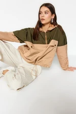 Trendyol Khaki-Beige Oversized Hooded Kangaroo Coat