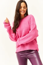 Olalook Women's Fuchsia Crew Neck Soft Textured Knitwear Sweater