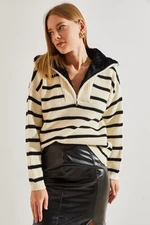 Bianco Lucci Women's Collar Shearling Striped Zippered Knitwear Sweater