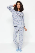 Trendyol Gray Fleece Cloud and Heart Patterned Tshirt-Pants Knitted Pajamas Set