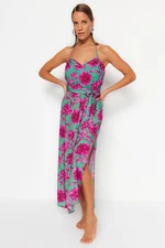 Trendyol Floral Patterned Belted Maxi Weave Ruffled Beach Dress