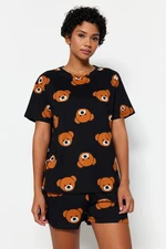 Trendyol Black 100% Cotton Teddy Bear Printed T-shirt-Shorts and Knitted Pajamas Set