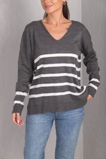 armonika Women's Anthracite V-Neck Stripe Short Front Long Back Long Sweater