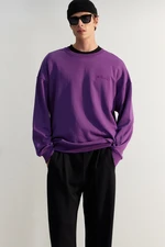 Trendyol Purple Men's Premium Oversize Sweatshirt with Text and Embroidery Thick Cotton