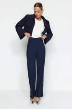 Trendyol Navy Straight/Straight Fit Woven Cuff Loop Detail Ribbed Trousers