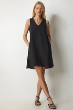 Happiness İstanbul Women's Black V-Neck Linen A-Line Dress