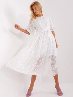 White midi dress with frill and belt