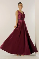 By Saygı V-Neck Wide Straps, Bead-lined Waistline, Wide Body Evening Long Satin Dress