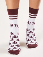 White and burgundy socks with print