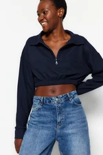 Trendyol Navy Blue Thessaloniki/Knitwear Look, Zippered Elastic Waist Super Crop Knitted Sweatshirt