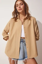 Happiness İstanbul Women's Biscuit Oversized Basic Poplin Shirt