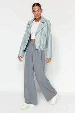 Trendyol Dolphin Gray Belt Velcro High Waist Pleated Wide Leg Knitted Trousers