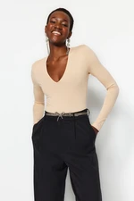 Trendyol Stone Knitted Deep V Neck Studded Bodysuit