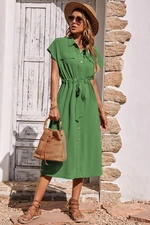 Madmext Green Shirt Collar Long Dress