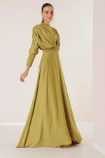 By Saygı Front Back Gathered Sleeves Button Detailed Lined Long Satin Dress