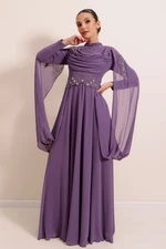 By Saygı Appliques Embroidered Detailed Lined Chiffon Hijab Dress Lilac