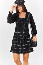 armonika Women's Black Plaid Square Collar Long Sleeve Dress