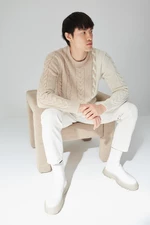 Trendyol béžový pánský úzký svetr s kulatým výstřihem a pleteným vzorem