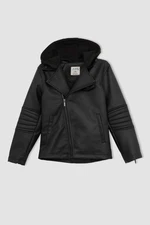 DEFACTO Boy Long Sleeve Faux Leather Hooded Jacket