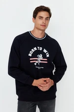 Trendyol Navy Blue Men's Oversize Fit Printed Cotton College-Theme Sweatshirt with Soft Pillows and Pillows