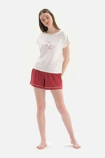 Dagi White Short Sleeves, Printed on the Front and Knitted Pajamas with Shorts