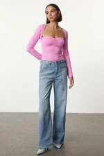 Trendyol Pink Heart Collar Gathering/Drape and Accessory Detailed Slim/Tight Fit Regular Length Knitted Blouse