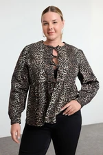 Trendyol Curve Brown Animal Patterned Front Tie Detail Plus Size Denim Shirt