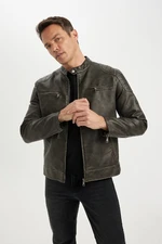 DEFACTO Slim Fit Stand Collar Lined Faux Leather Jacket Coat