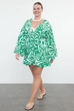 Trendyol Curve Green Ethnic Patterned Spanish Sleeve Skater Mini Woven Beach Dress