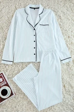 Trendyol Light Blue 100% Cotton Striped Piping Detailed Knitted Pajama Set