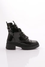 DGN K9030 Women's Crystal Stone Laced Boots Black Wrinkled Patent Leather