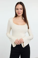 Trendyol Stone Fitted/Fits the Body Seam Detailed Pool Neck Flexible Knitted Blouse