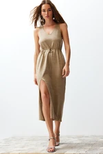 Trendyol Camel Maxi Knitwear Glittery Slit Detailed Dress