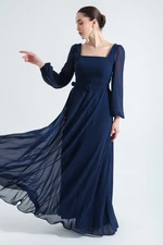 Lafaba Women's Navy Blue Square Neck Long Chiffon Evening Dress