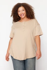 Trendyol Curve Beige Button Detailed Boyfriend Knitted T-shirt