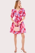 armonika Women's Pink Front Back V Neck Balloon Sleeve Belt Detailed Patterned Mini Dress