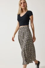 Happiness İstanbul Women's Black Beige Floral Slit Summer Viscose Skirt