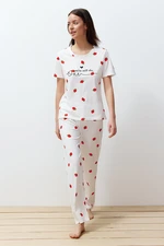 Trendyol Ecru Strawberry Patterned Knitted Pajamas Set