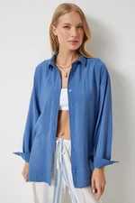 Happiness İstanbul Women's Indigo Blue Oversize Long Linen Ayrobin Shirt