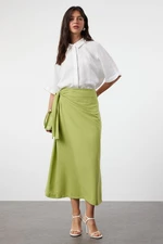 Trendyol Oil Green Double Breasted Tie Detailed Woven Linen Look Skirt