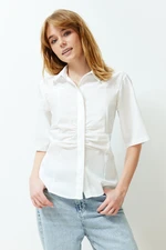 Trendyol Ecru Front Gather Detailed Short Sleeve Fitted Woven Shirt