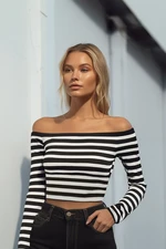 Trendyol Black Striped Carmen Collar Fitted/Slippery Knitted Blouse